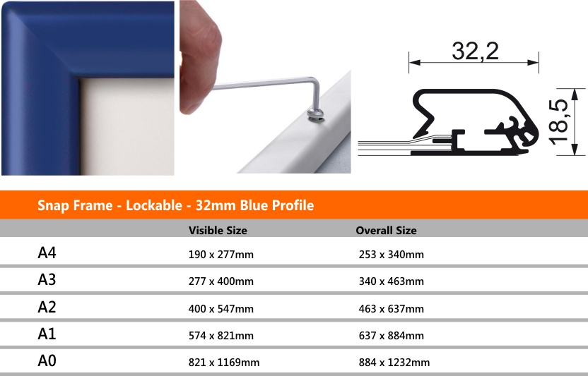 Snap Frame Lockable 32mm Blue Profile